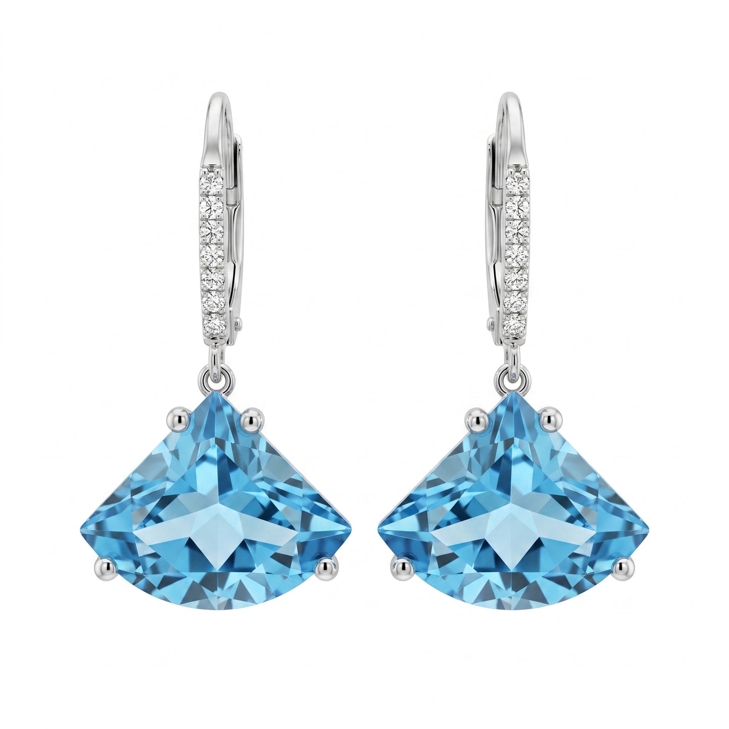 12x15mm Fan-Cut Blue Topaz & 22-Diamond Lever-Back Earrings in 14K white gold, pair view
