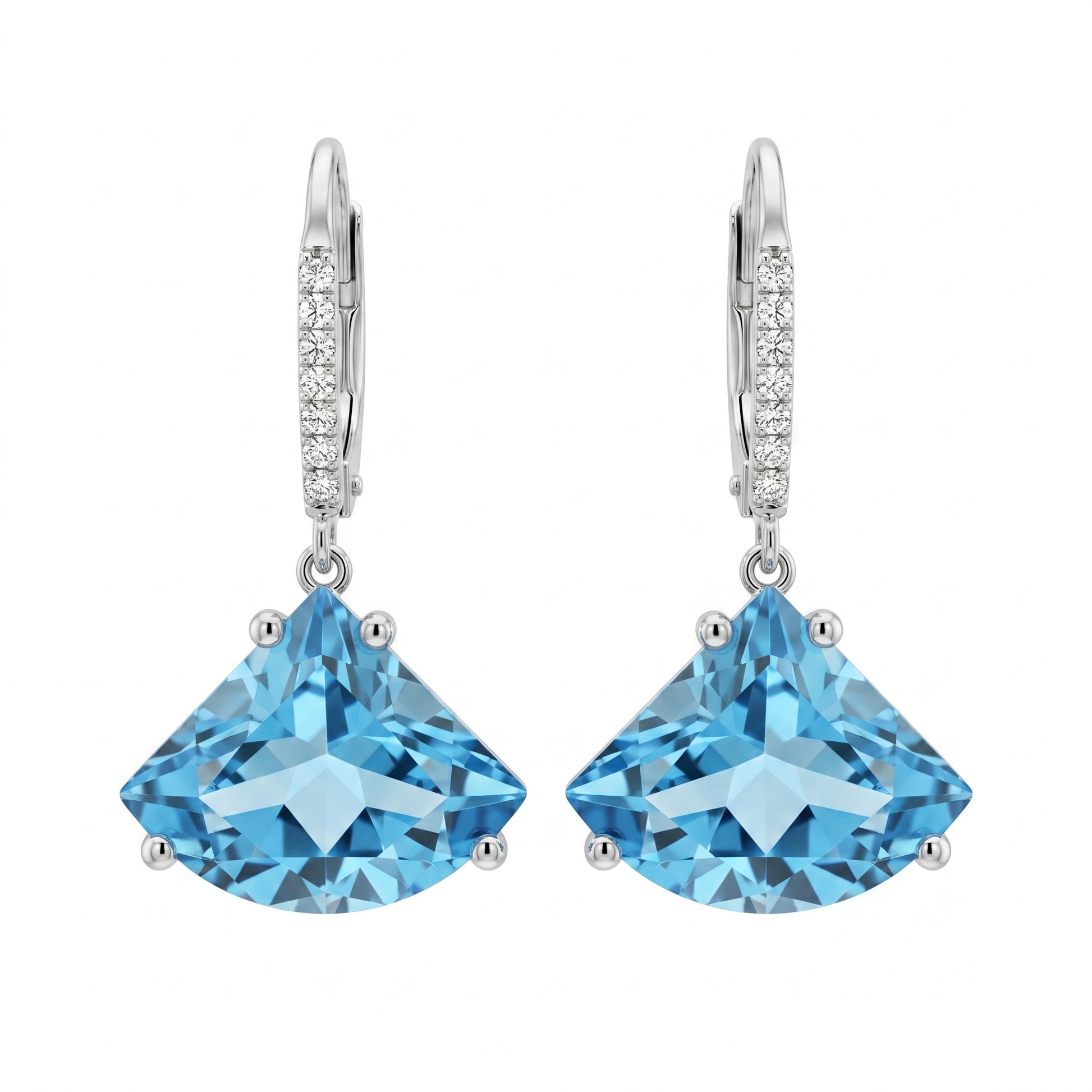 12x15mm Fan-Cut Blue Topaz & 22-Diamond Lever-Back Earrings in 14K white gold, pair view
