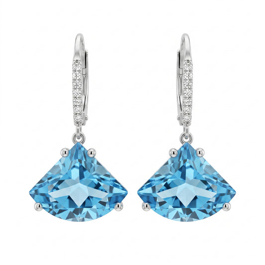 12x15mm Fan-Cut Blue Topaz & 22-Diamond Lever-Back Earrings in 14K white gold, pair view