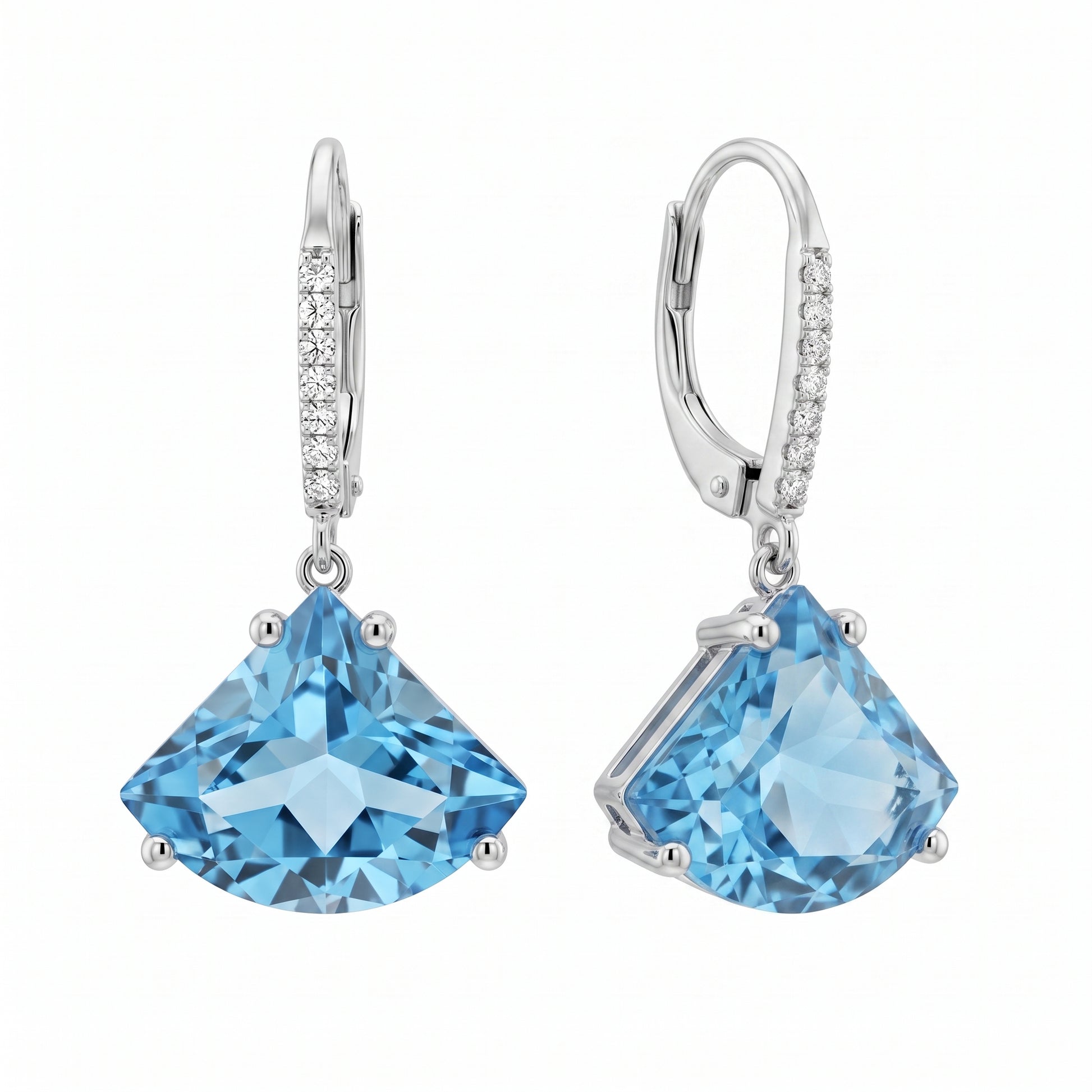 12x15mm Fan-Cut Blue Topaz & 22-Diamond Lever-Back Earrings in 14K white gold, three-quarter turned view