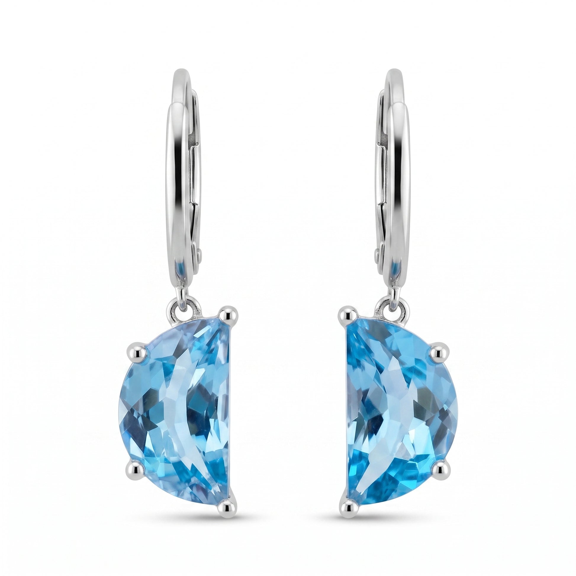 6x10mm Half Moon Blue Topaz Lever-Back Earrings - white background