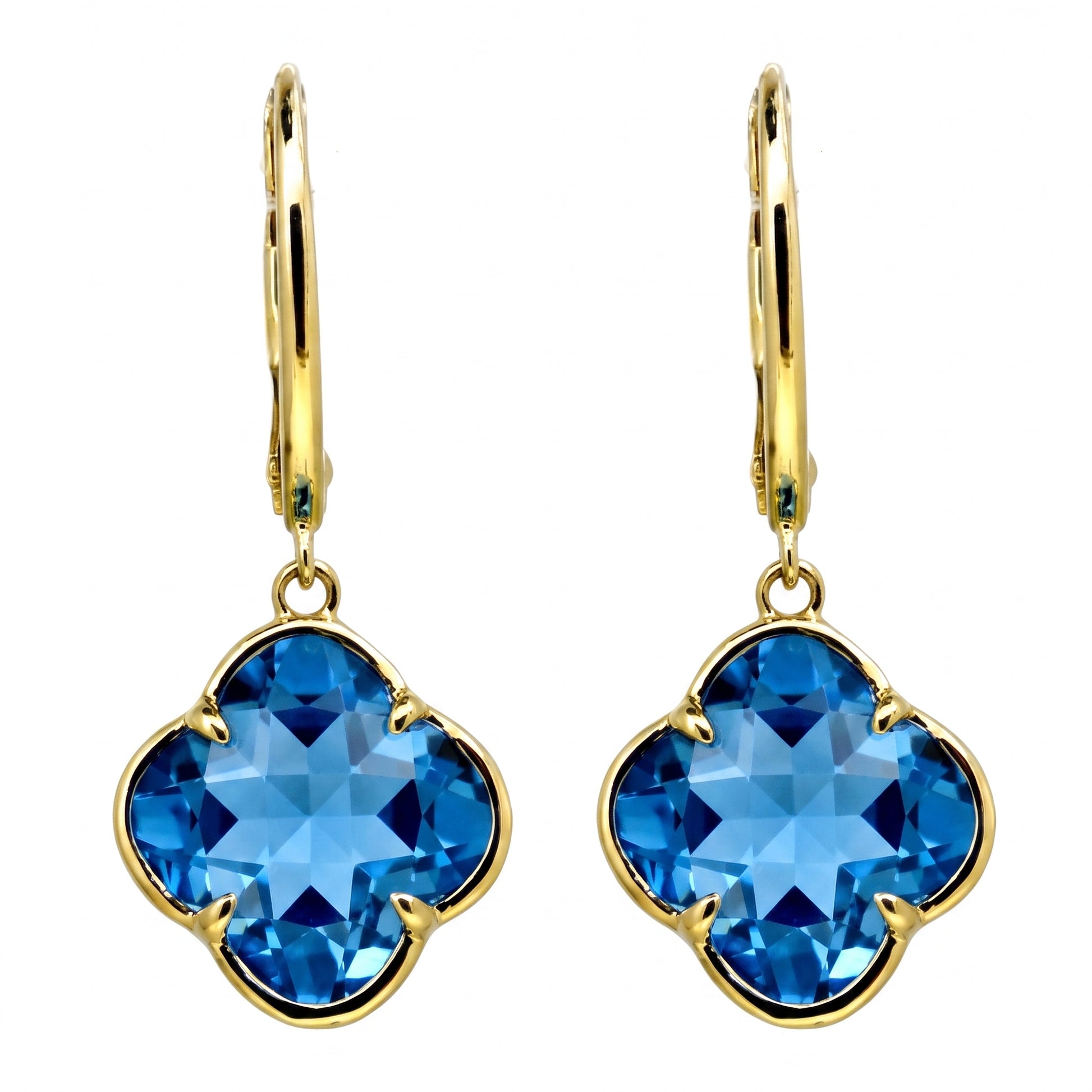 9mm Lily-Cut Swiss Blue Topaz Lever-Back Earrings - white background pair view