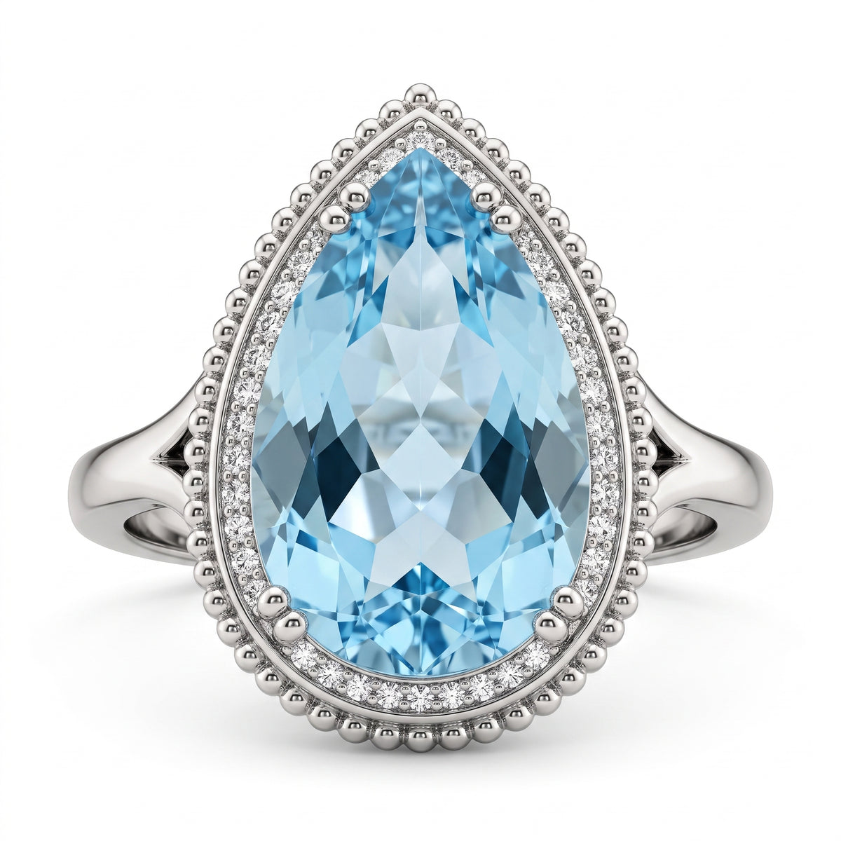 10x16mm Checkerboard-Cut Pear Sky Blue Topaz & 27-Diamond Rope Edge Ring