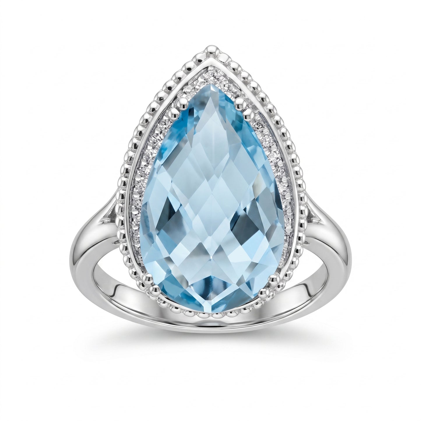 10x16mm Checkerboard-Cut Pear Sky Blue Topaz & 27-Diamond Rope Edge Ring