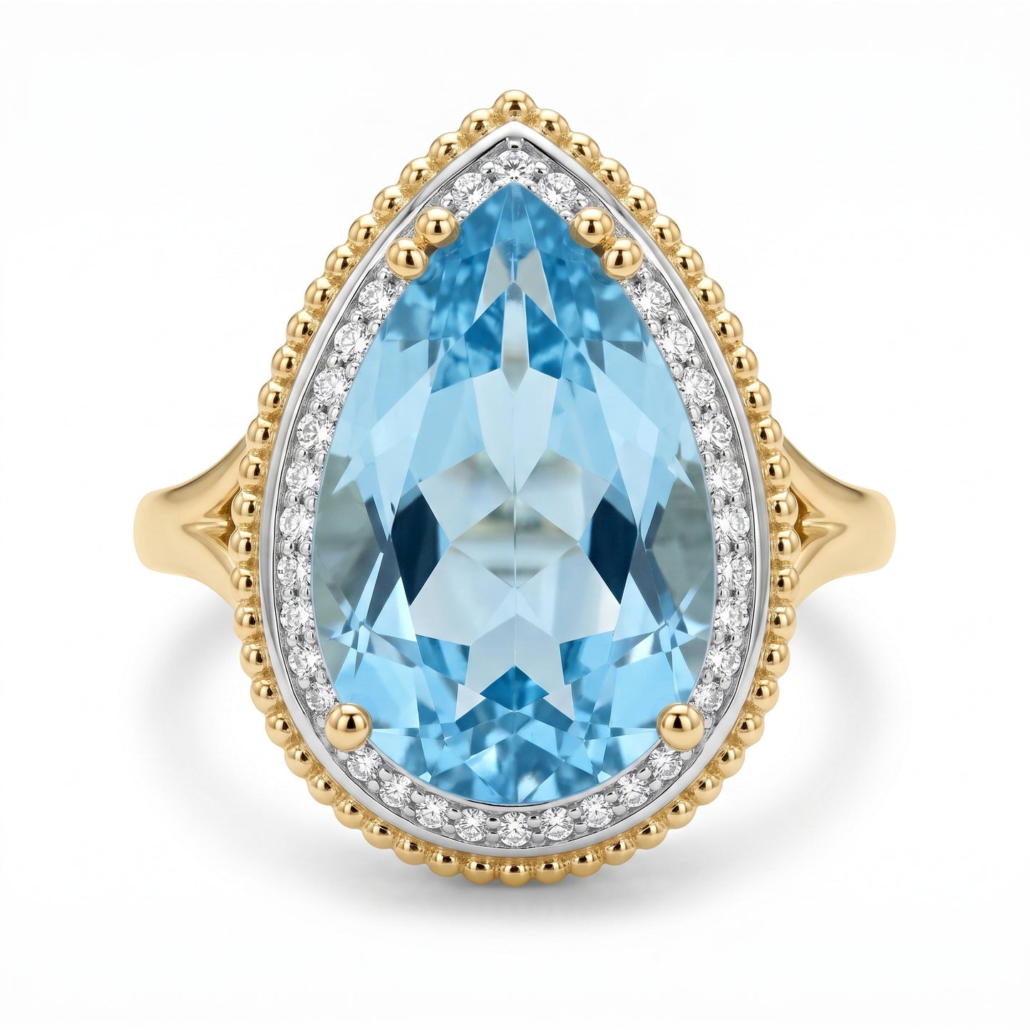 10x16mm Checkerboard-Cut Pear Sky Blue Topaz & 27-Diamond Rope Edge Ring