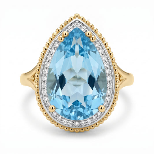 10x16mm Checkerboard-Cut Pear Sky Blue Topaz & 27-Diamond Rope Edge Ring
