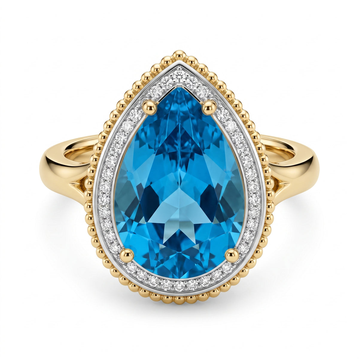 10x16mm Checkerboard-Cut Pear Sky Blue Topaz & 27-Diamond Rope Edge Ring