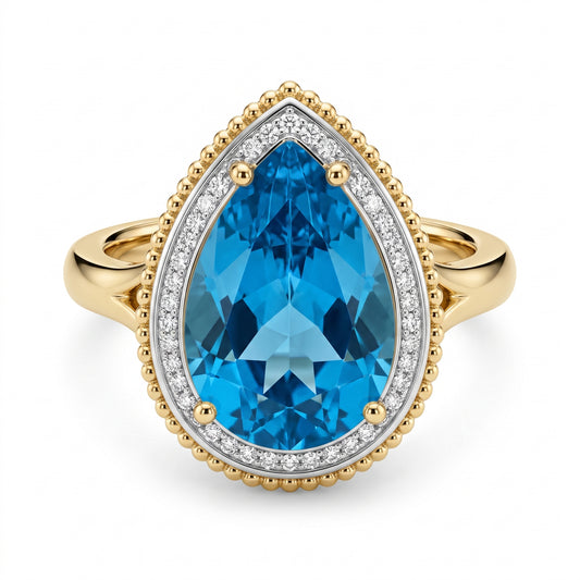 10x16mm Checkerboard-Cut Pear Sky Blue Topaz & 27-Diamond Rope Edge Ring
