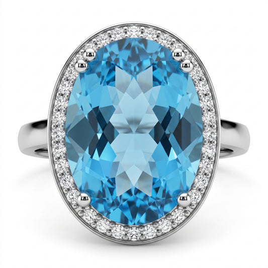 10x15mm Checkerboard-Cut Oval Sky Blue Topaz & 26-Diamond Ring