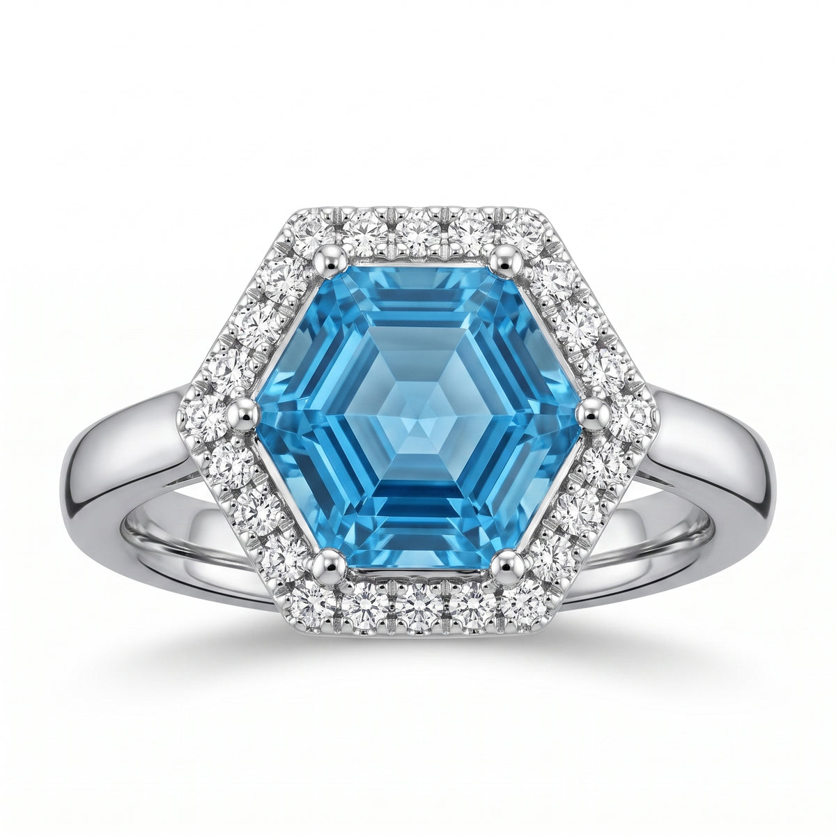 Hexagonal Blue Topaz & 24-Diamond Ring