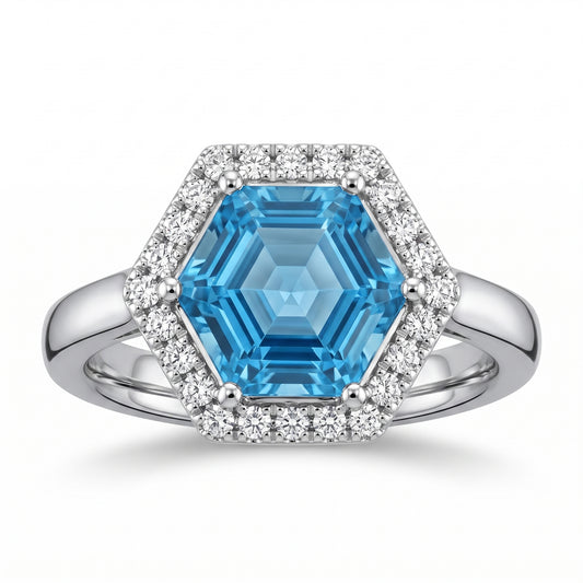 Hexagonal Blue Topaz & 24-Diamond Ring