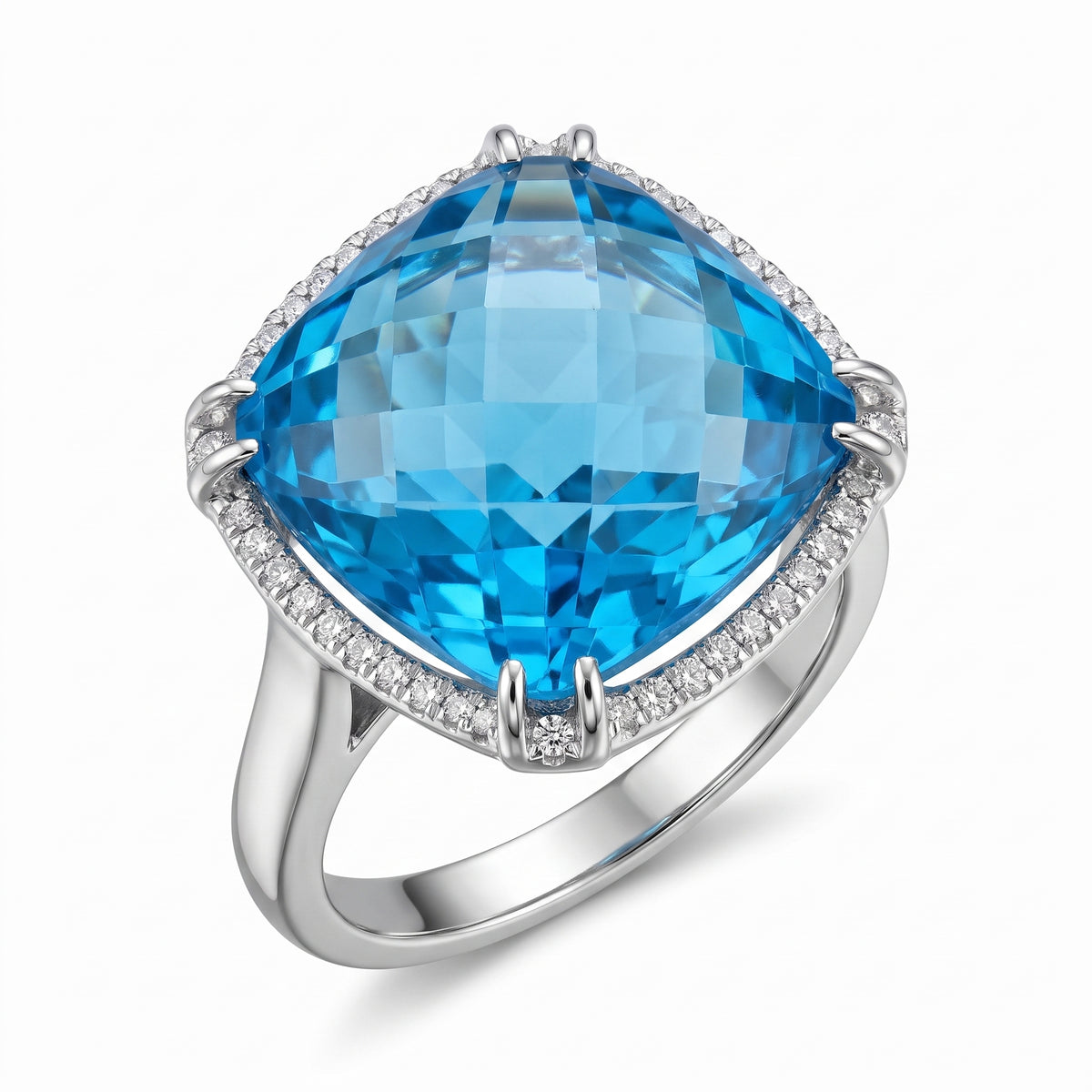 14mm Checkerboard-Cut Blue Topaz & 44-Diamond Ring