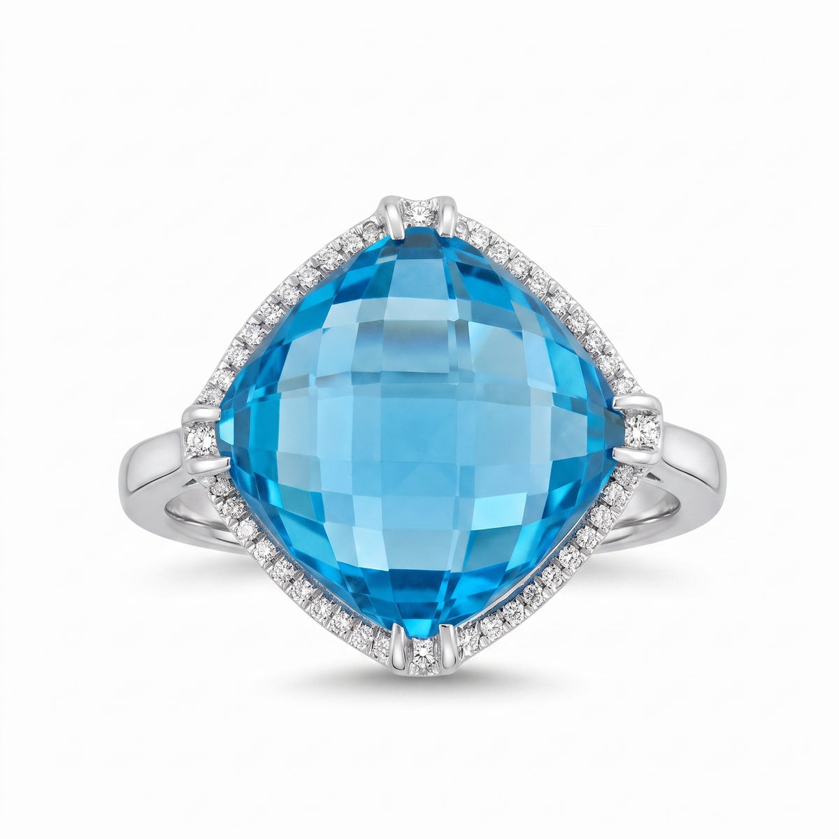 14mm Checkerboard-Cut Blue Topaz & 44-Diamond Ring