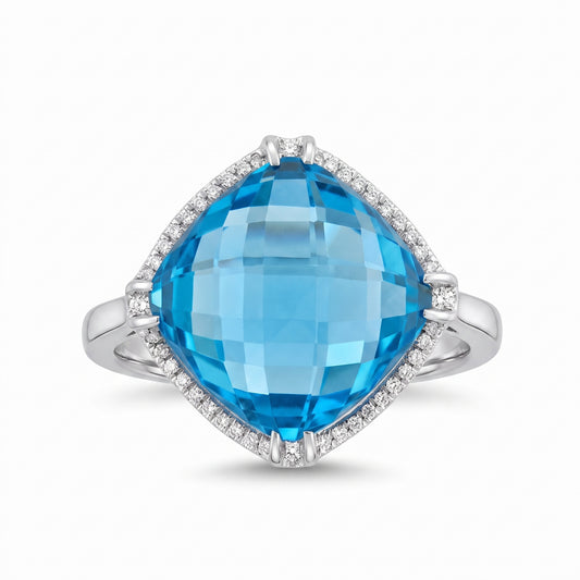 14mm Checkerboard-Cut Blue Topaz & 44-Diamond Ring