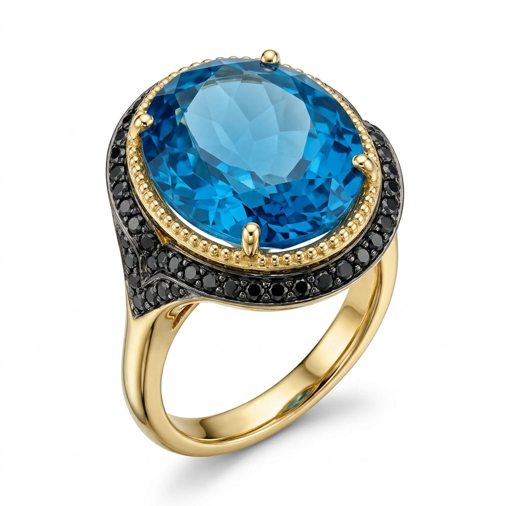 Blue Topaz, Black and White Diamond Cocktail Ring