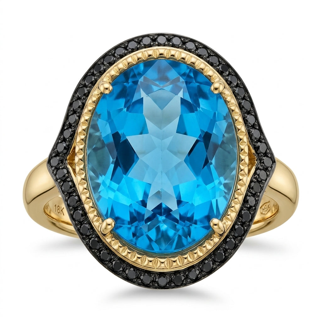 Blue Topaz, Black and White Diamond Cocktail Ring