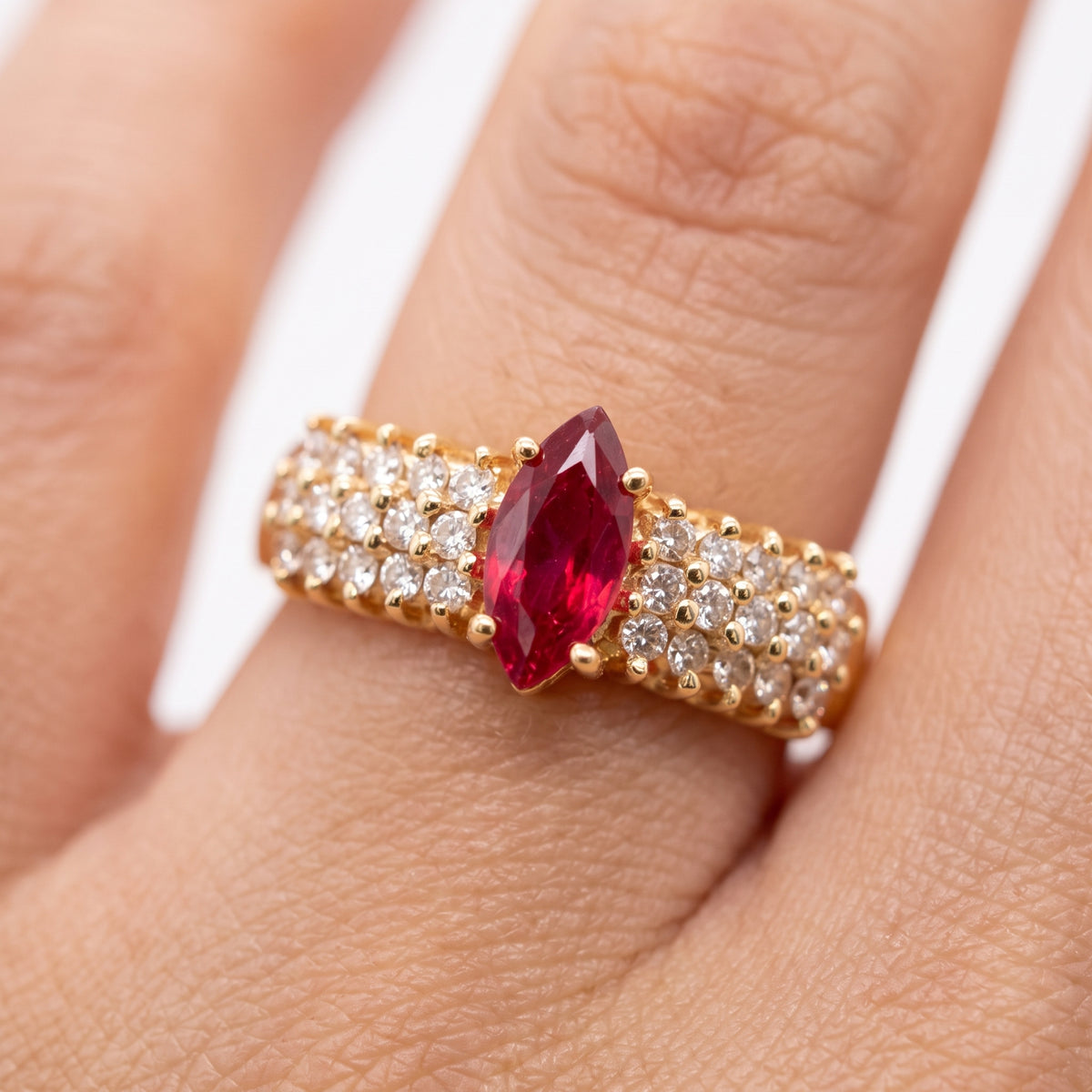 3.5x8mm Marquise Ruby & 30-Diamond Triple-Row Ring