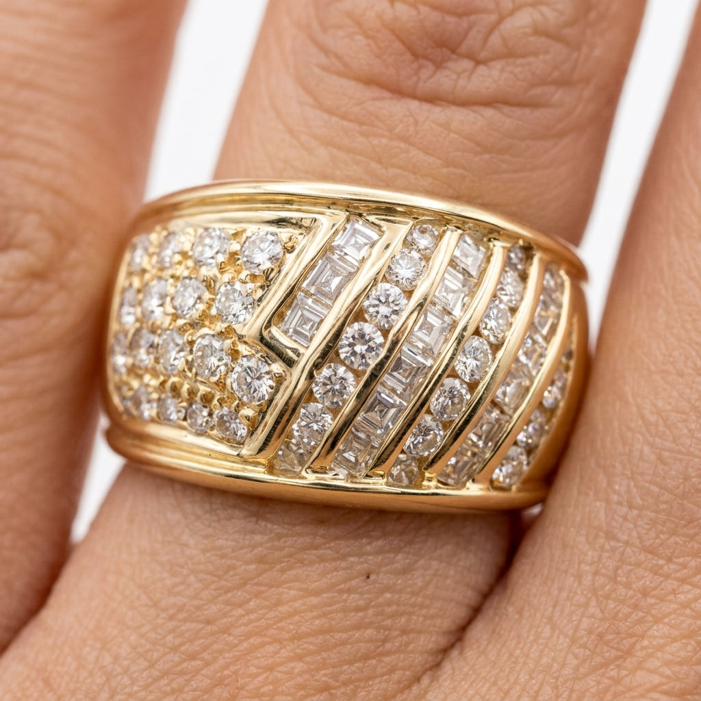 Diamond and Baguette Stripe Band Ring