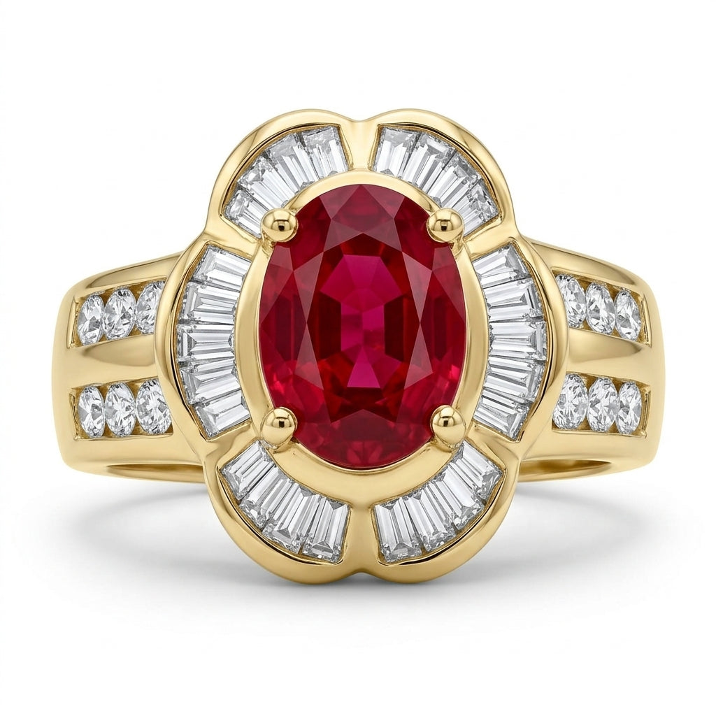Oval Ruby, Tapered & Round Diamond Ring