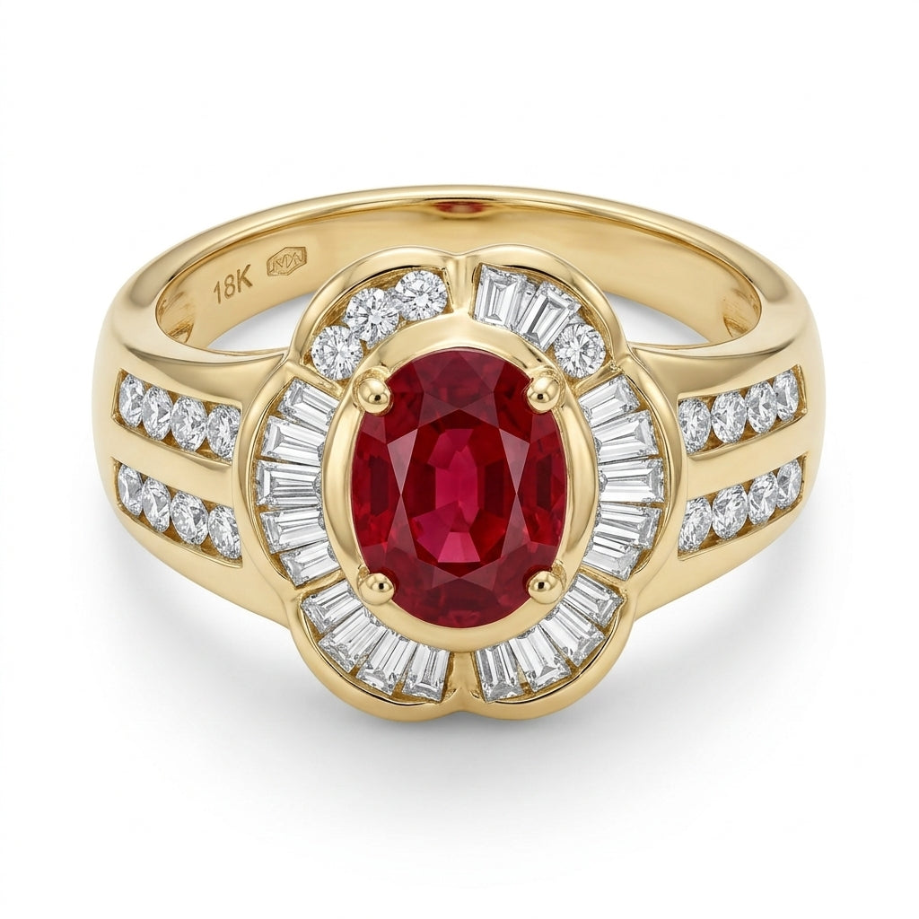 Oval Ruby, Tapered & Round Diamond Ring