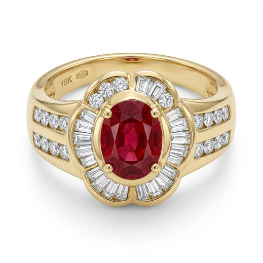 Oval Ruby, Tapered & Round Diamond Ring