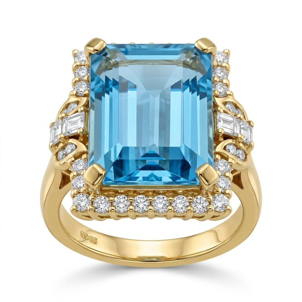 Large Emerald-Cut Blue Topaz and Diamond Ring