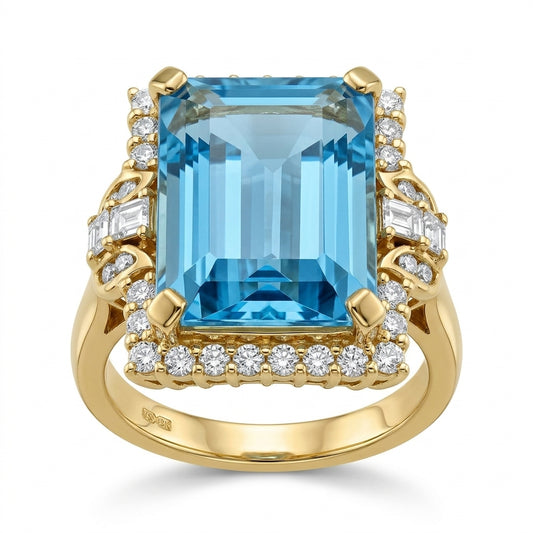 Large Emerald-Cut Blue Topaz and Diamond Ring
