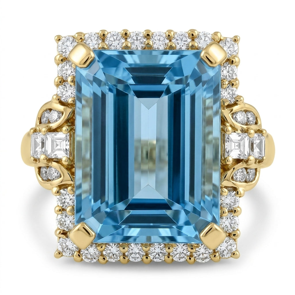 Large Emerald-Cut Blue Topaz and Diamond Ring