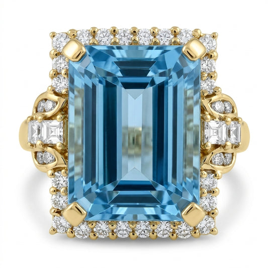 Large Emerald-Cut Blue Topaz and Diamond Ring