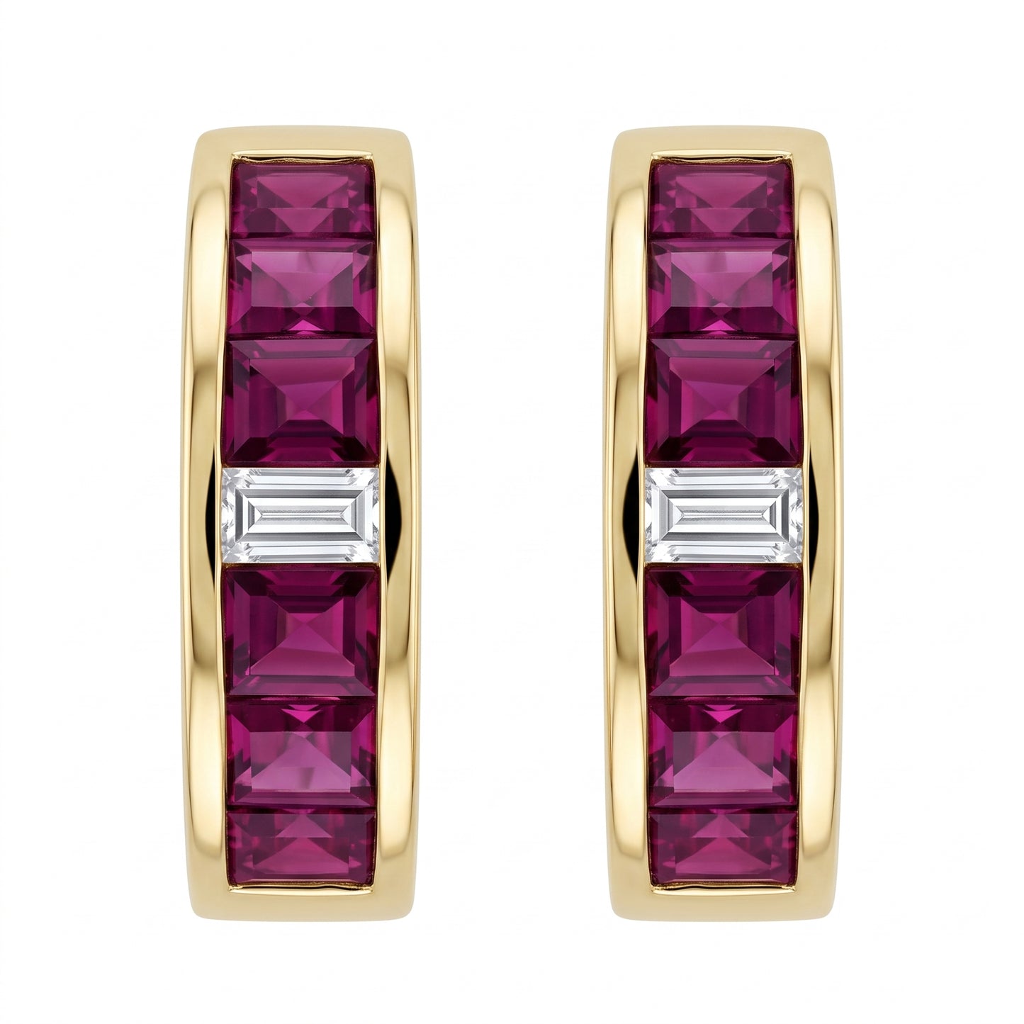 CAJ0041 14K yellow gold ruby and diamond channel-set huggie earrings
