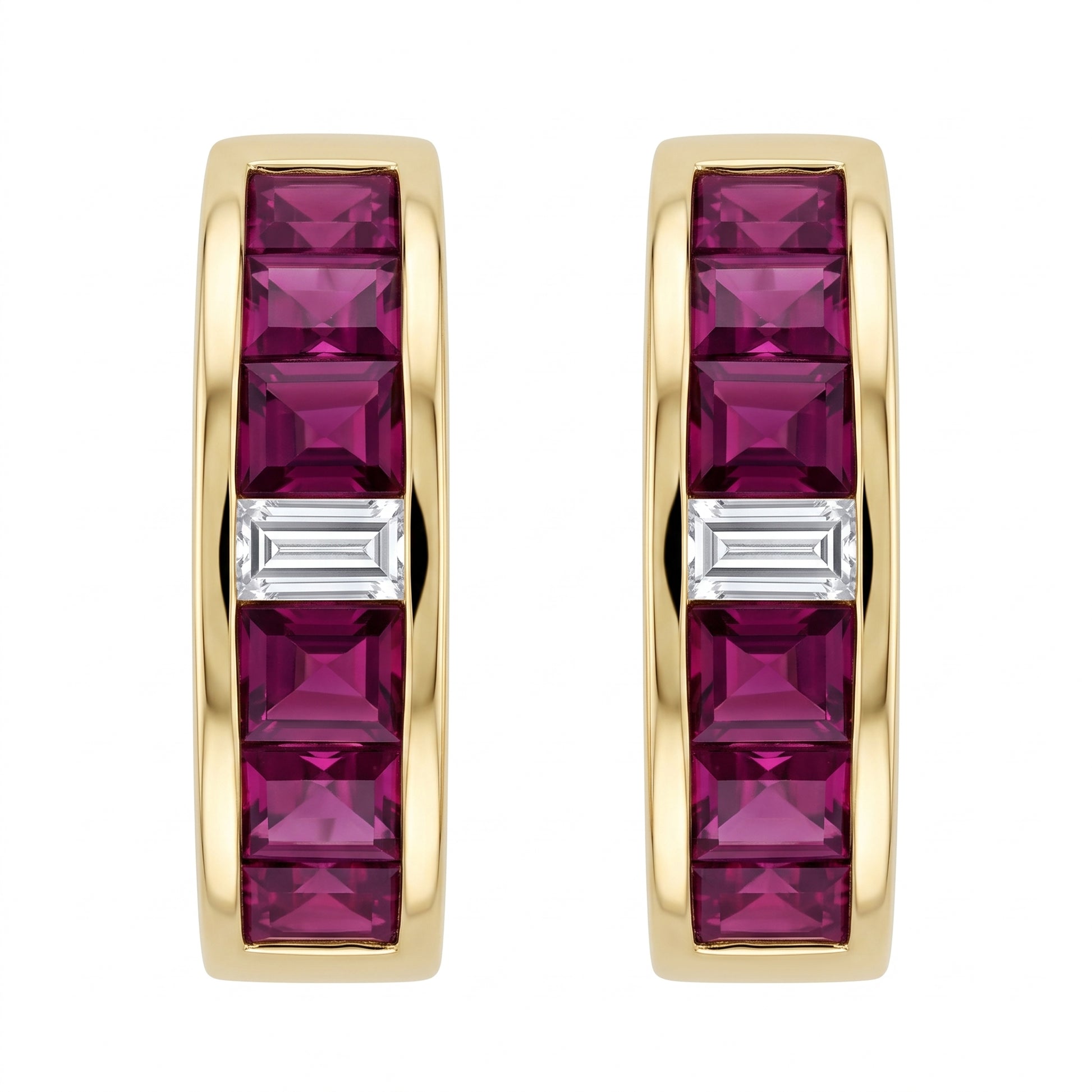 CAJ0041 14K yellow gold ruby and diamond channel-set huggie earrings