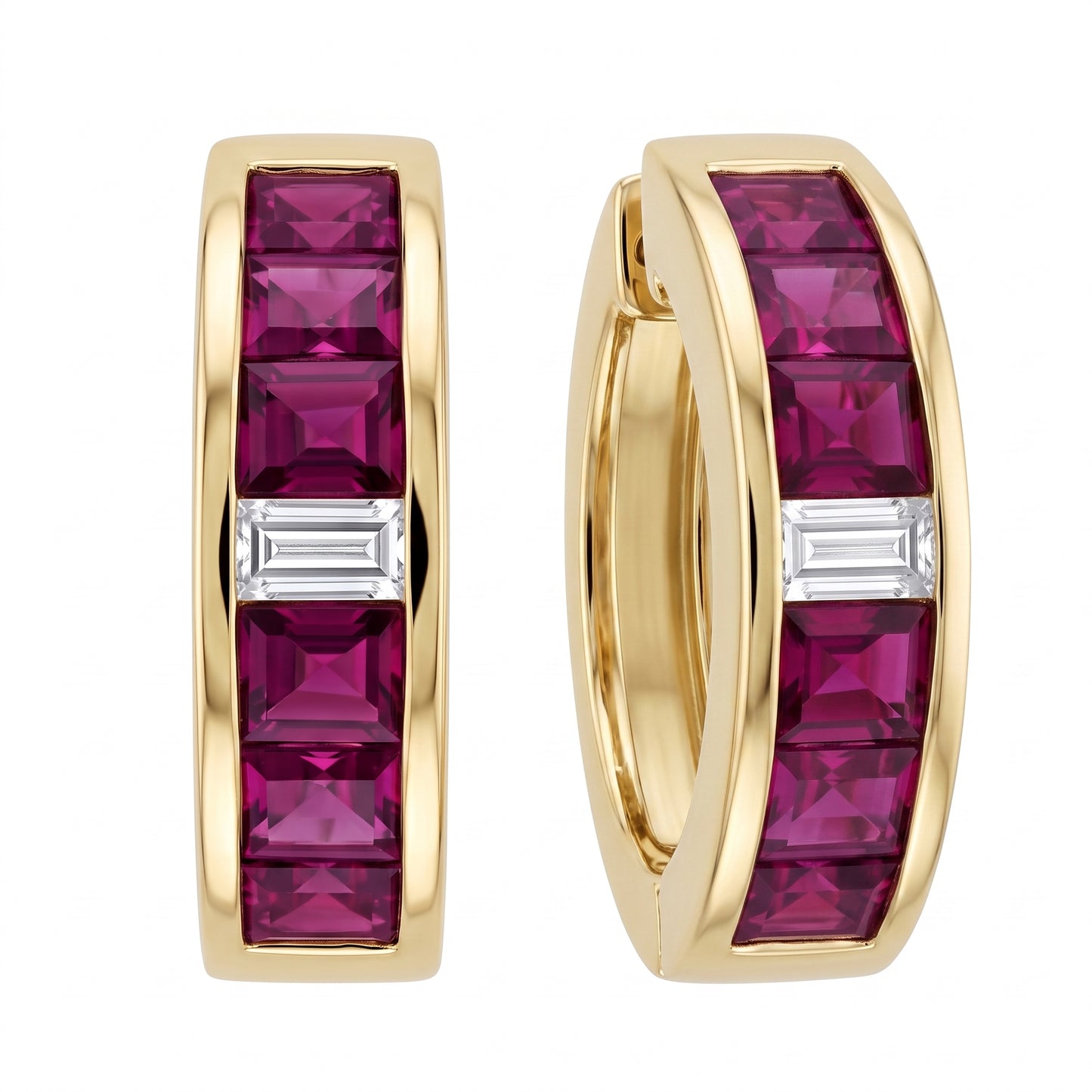 CAJ0041 14K yellow gold ruby and diamond channel-set huggie earrings, three-quarter turn
