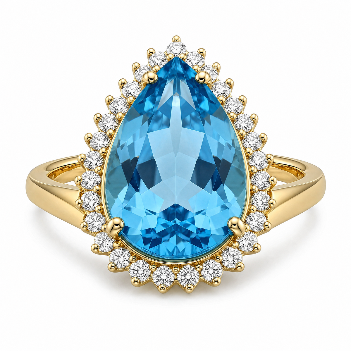 Pear Blue Topaz Diamond Halo Cocktail Ring