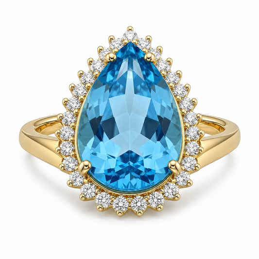 Pear Blue Topaz Diamond Halo Cocktail Ring