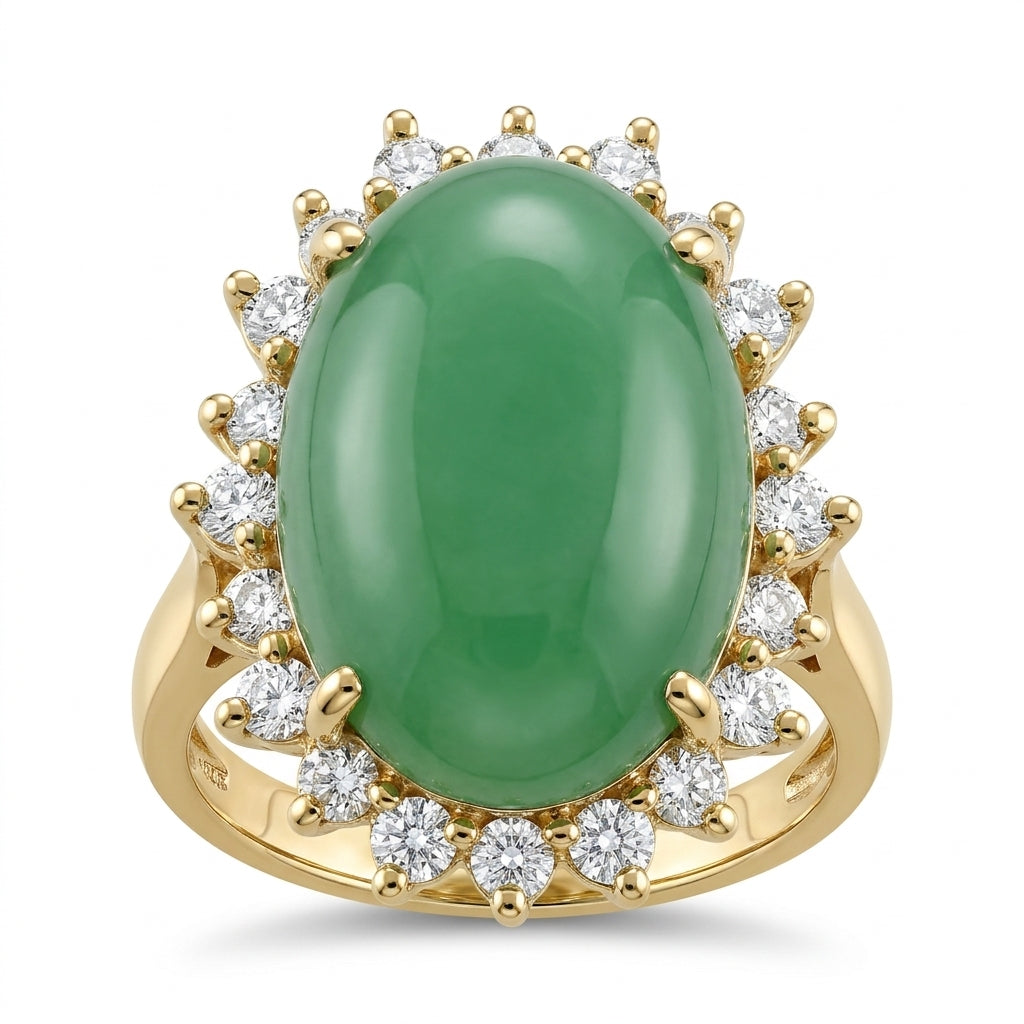 Oval Green Jade & 20-Diamond Ring