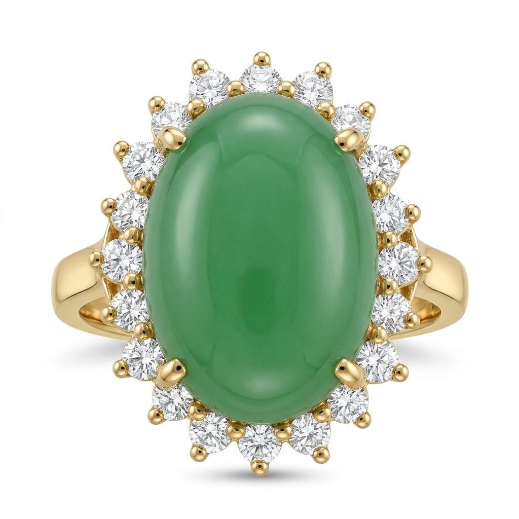 Oval Green Jade & 20-Diamond Ring