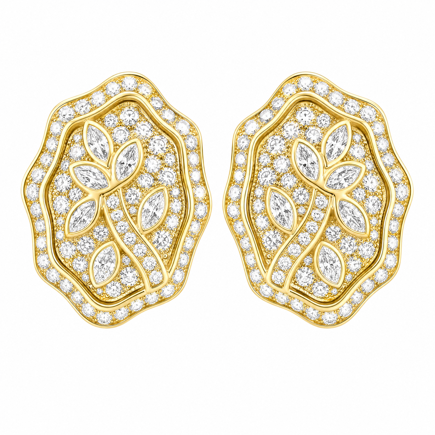 CAR3690 W-1 frontal pair - marquise and round diamond floral shield clip earrings in 18K yellow gold