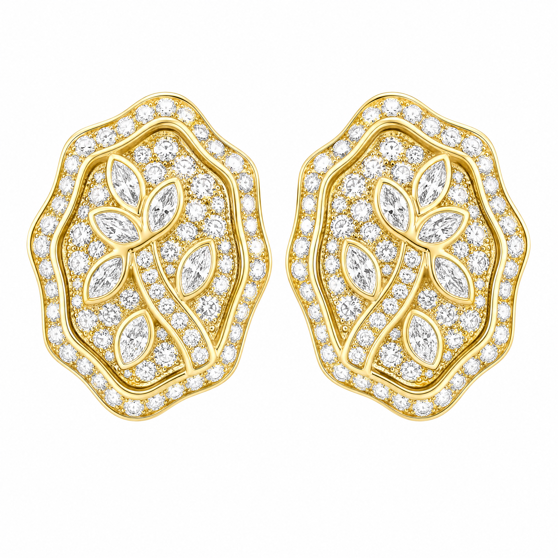 CAR3690 W-1 frontal pair - marquise and round diamond floral shield clip earrings in 18K yellow gold