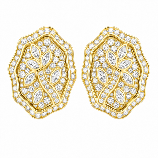 CAR3690 W-1 frontal pair - marquise and round diamond floral shield clip earrings in 18K yellow gold