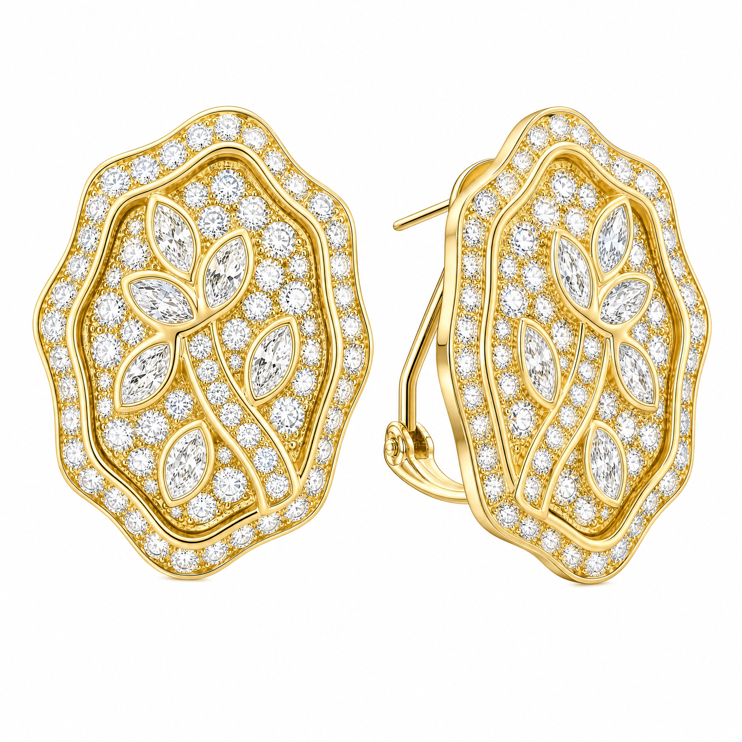 CAR3690 W-2 front and turned view showing French clip backing - marquise and round diamond floral shield clip earrings in 18K yellow gold