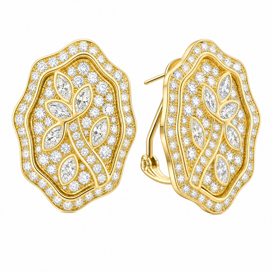 CAR3690 W-2 front and turned view showing French clip backing - marquise and round diamond floral shield clip earrings in 18K yellow gold