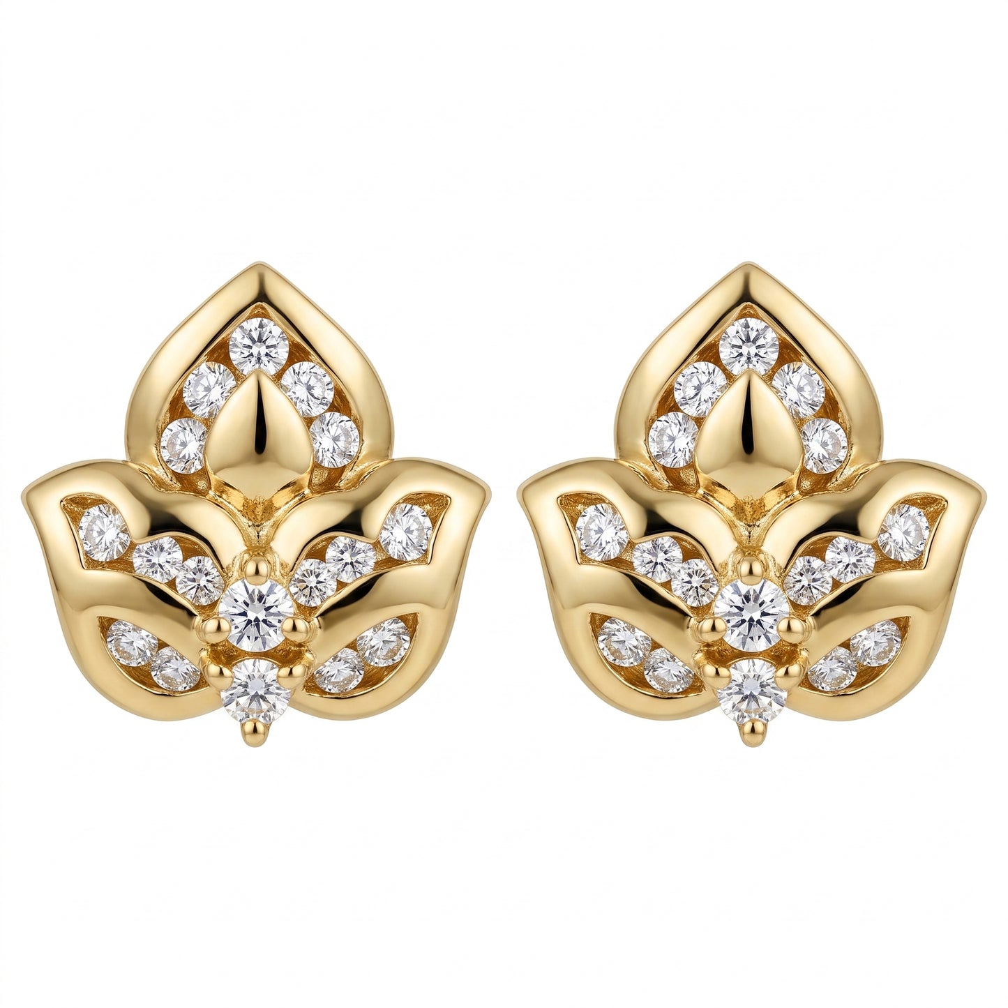 18k yellow gold seventeen-stone round diamond lotus flower post earrings, white background