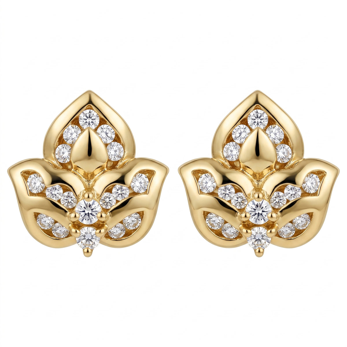 18k yellow gold seventeen-stone round diamond lotus flower post earrings, white background