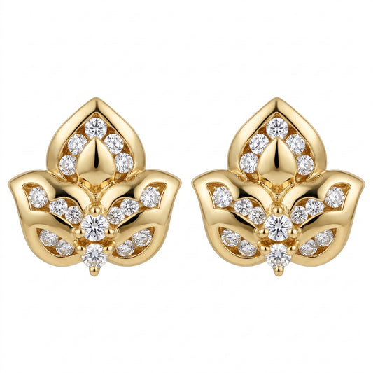 18k yellow gold seventeen-stone round diamond lotus flower post earrings, white background