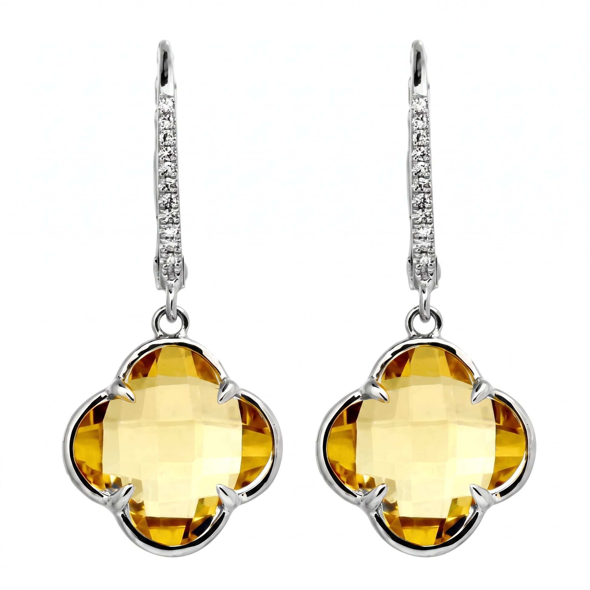 9mm lily-cut citrine and diamond lever-back earrings in 14k white gold - CEMJ0059W