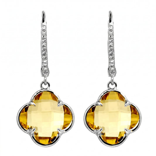 9mm lily-cut citrine and diamond lever-back earrings in 14k white gold - CEMJ0059W