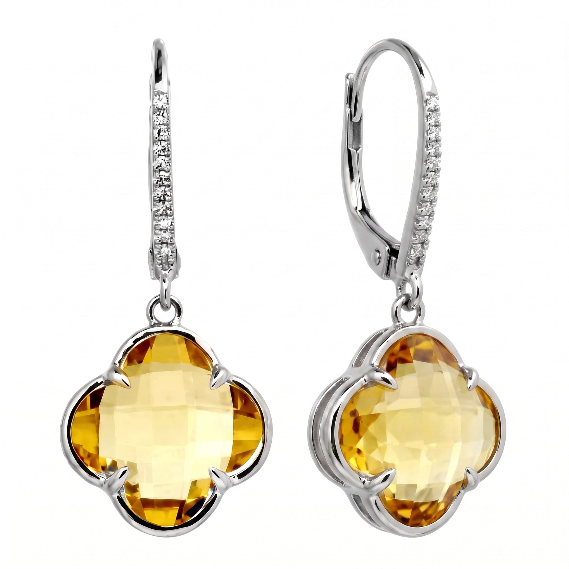 9mm lily-cut citrine and diamond lever-back earrings in 14k white gold, angled view - CEMJ0059W
