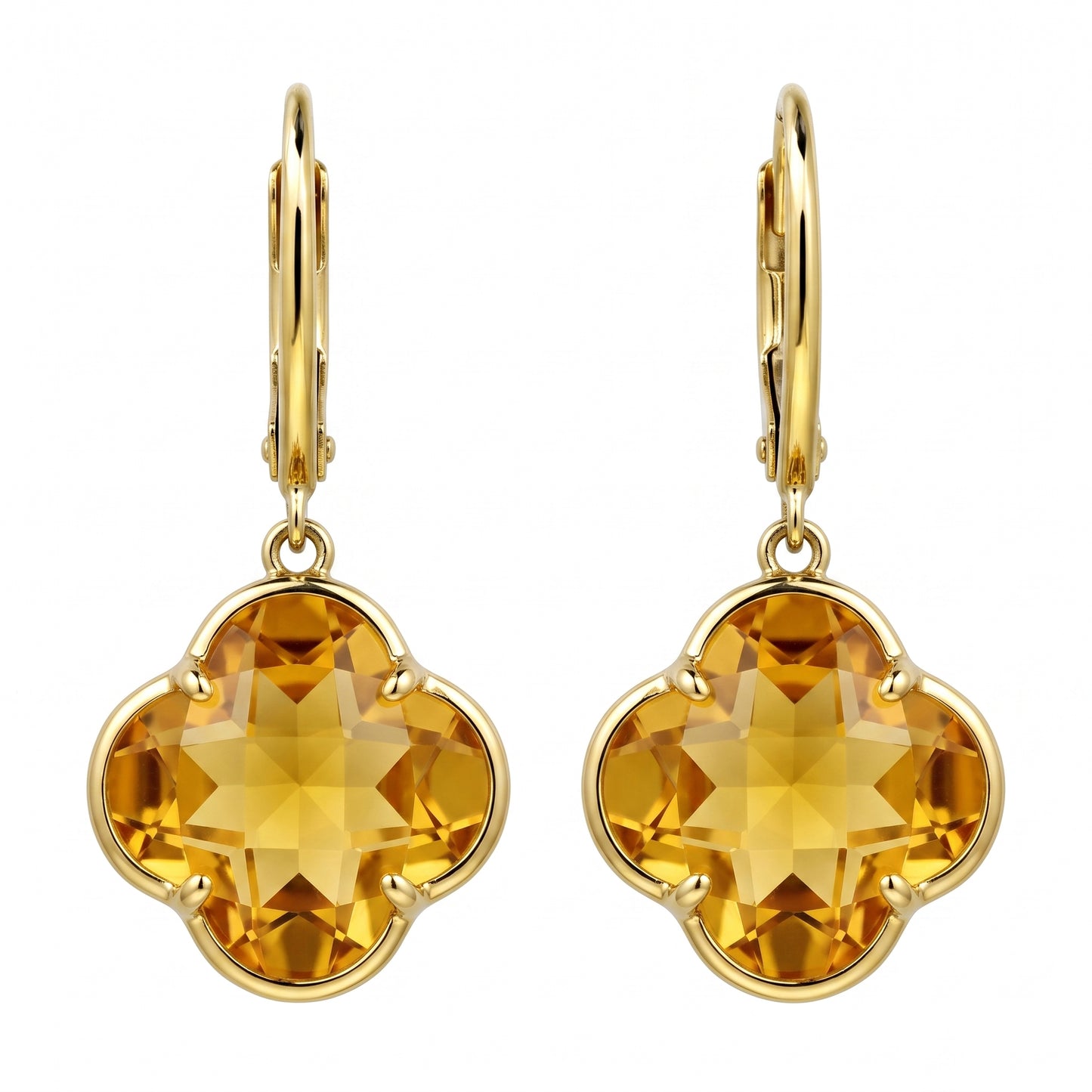 14K yellow gold four-lobed checkerboard citrine lever-back drop earrings, front view on white