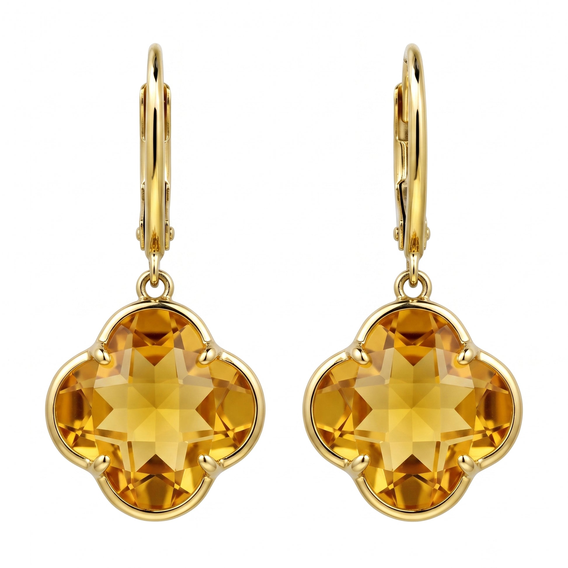 14K yellow gold four-lobed checkerboard citrine lever-back drop earrings, front view on white