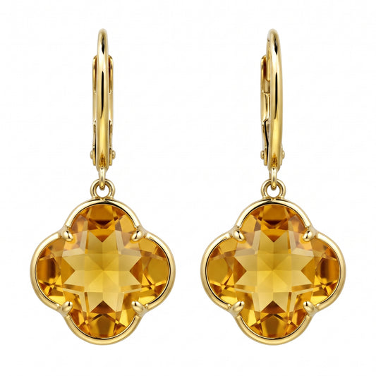 14K yellow gold four-lobed checkerboard citrine lever-back drop earrings, front view on white